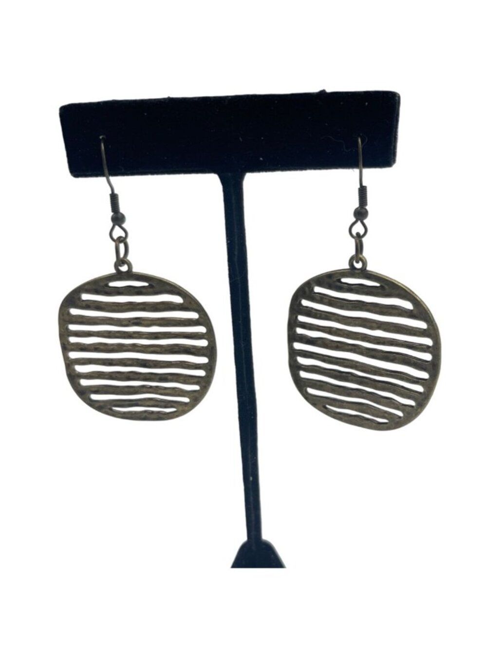 Brass Tone Circle Disc Earrings with Wave Patterned Slits New